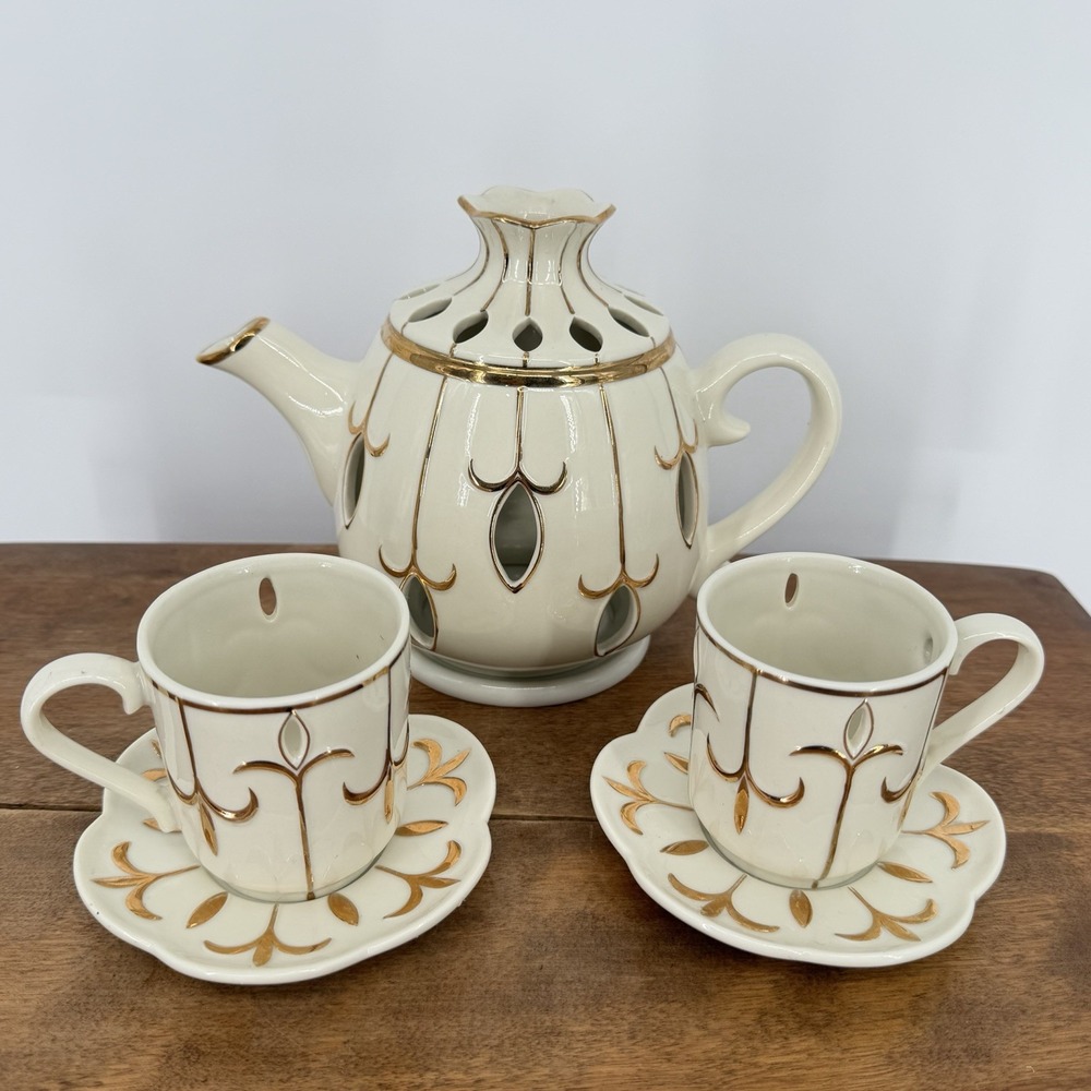 VTG 90s PartyLite Tea For Two Candle Holder Porcelain Teapot 2 Saucers Gold Trim